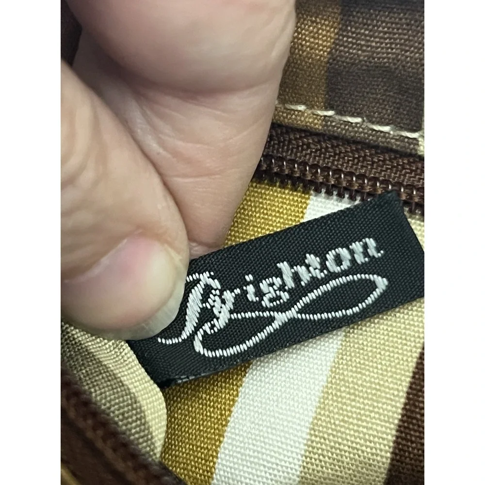 Brighton Leather Canvas Shoulder Bag Tan Brown Tote Purse Silver Heart Charm